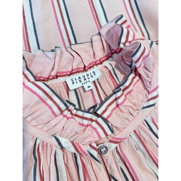 CLAUDIE PIERLOT Womens Top Pink Ruffle Pinstriped Long Sleeve Blouse 40 US Large - Picture 2 of 9